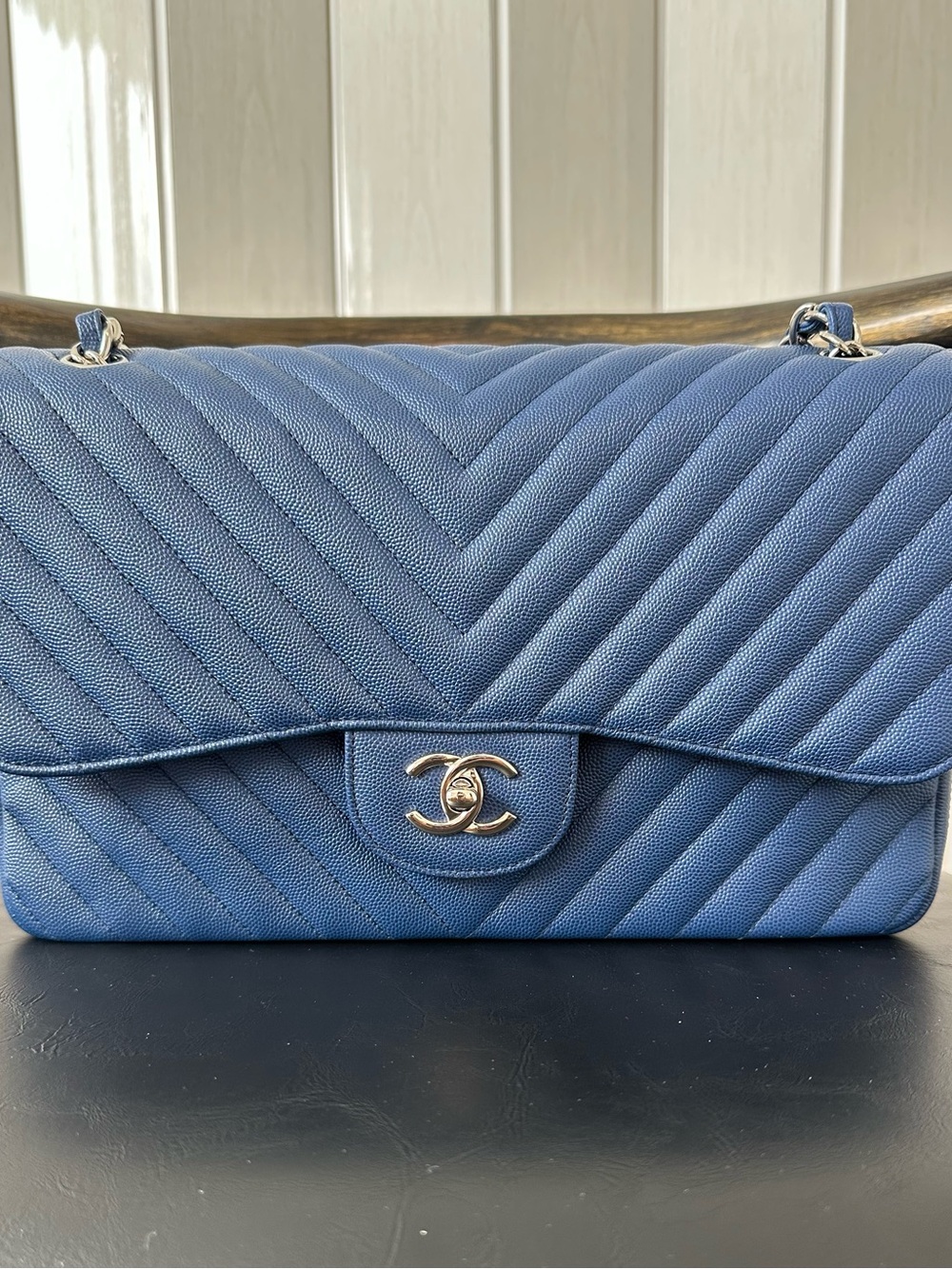 CHANEL Blue Quilted Chevron Flap Shoulder Bag with Silver CC